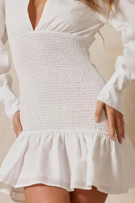 Textured Puff Sleeve Shirring Detail Dress in white