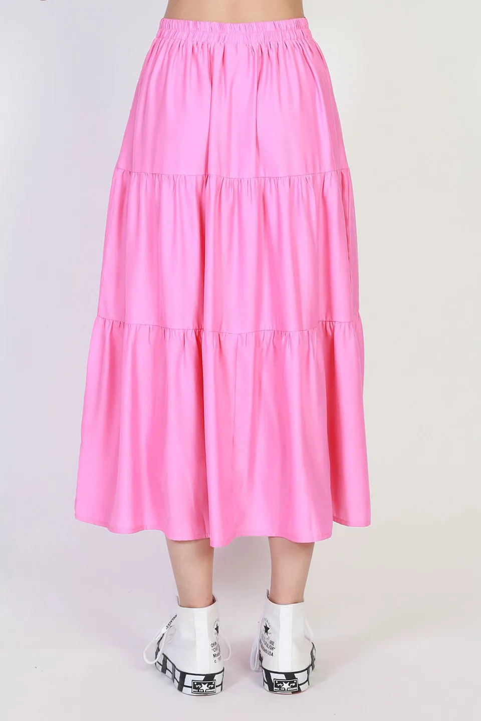 Tier Midi Silky Satin Tiered Pink Skirt