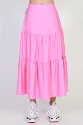 Tier Midi Silky Satin Tiered Pink Skirt