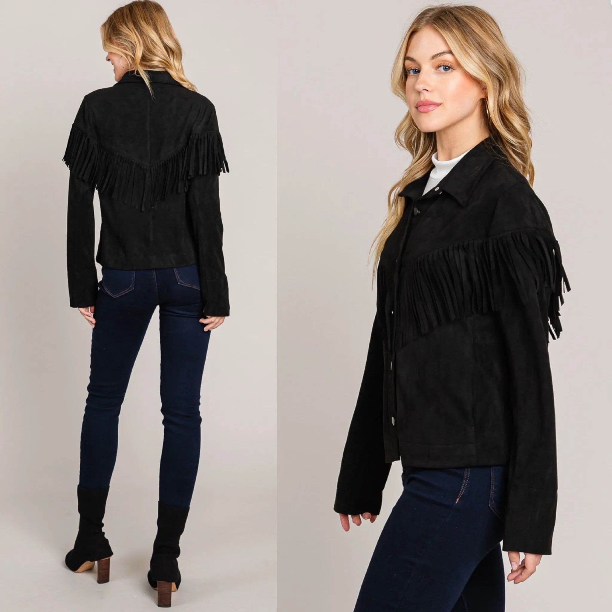 Vegan Suede Fringe Shacket - Black