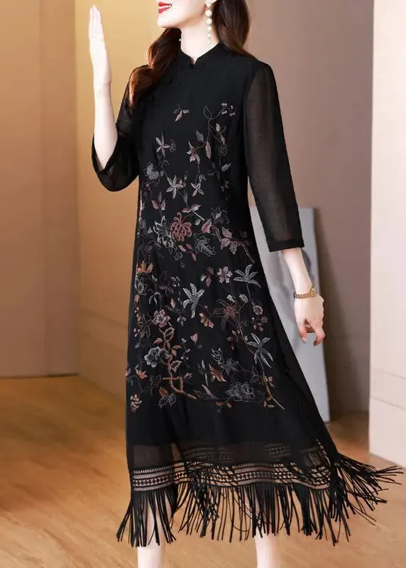 Vintage Black Tasseled Embroidered Silk Long Dresses Bracelet Sleeve HA1035