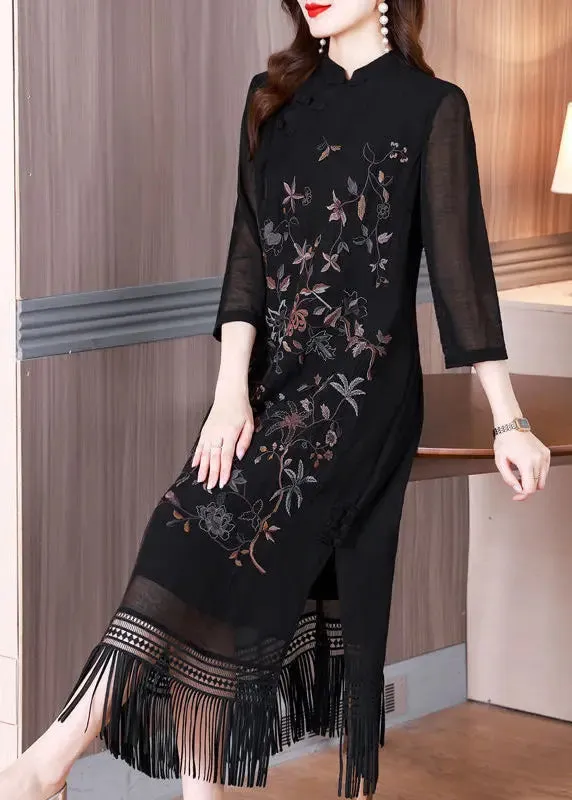 Vintage Black Tasseled Embroidered Silk Long Dresses Bracelet Sleeve HA1035