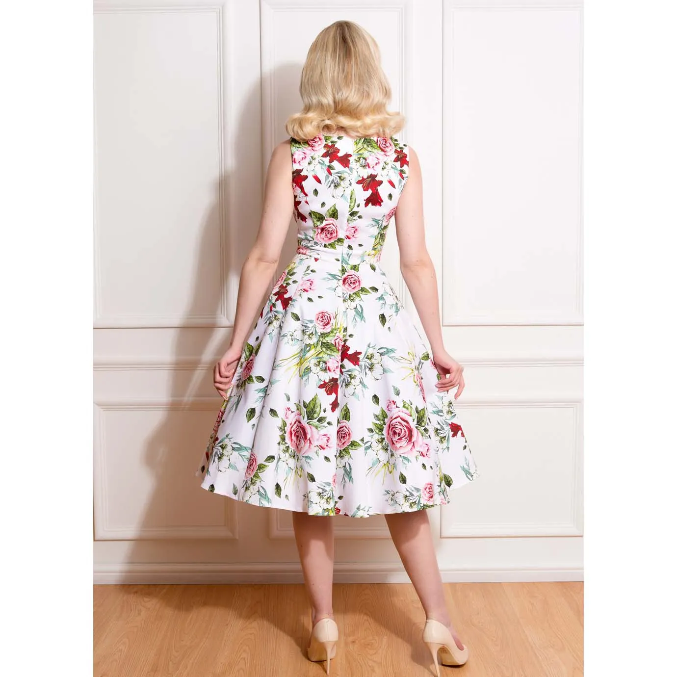 White Floral Print Vintage Rockabilly 50s Swing Dress