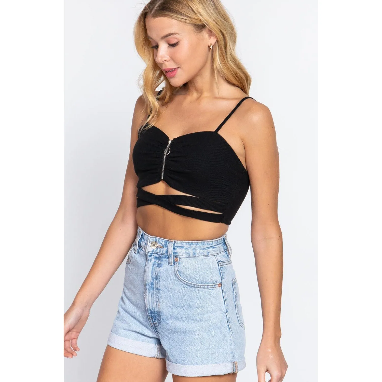 Zippered Cross Rib Knit Crop Cami